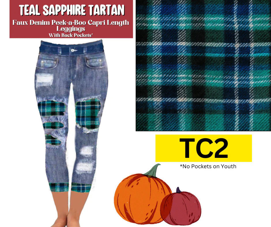 Teal Sapphire Tartan Capri Faux Denim Peekaboo