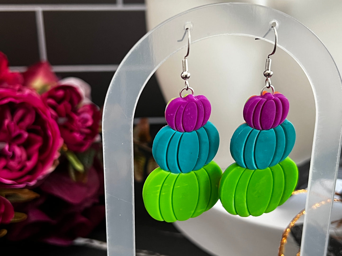 Bright Stacked Pumpkins Spooky Hook Earrings- I