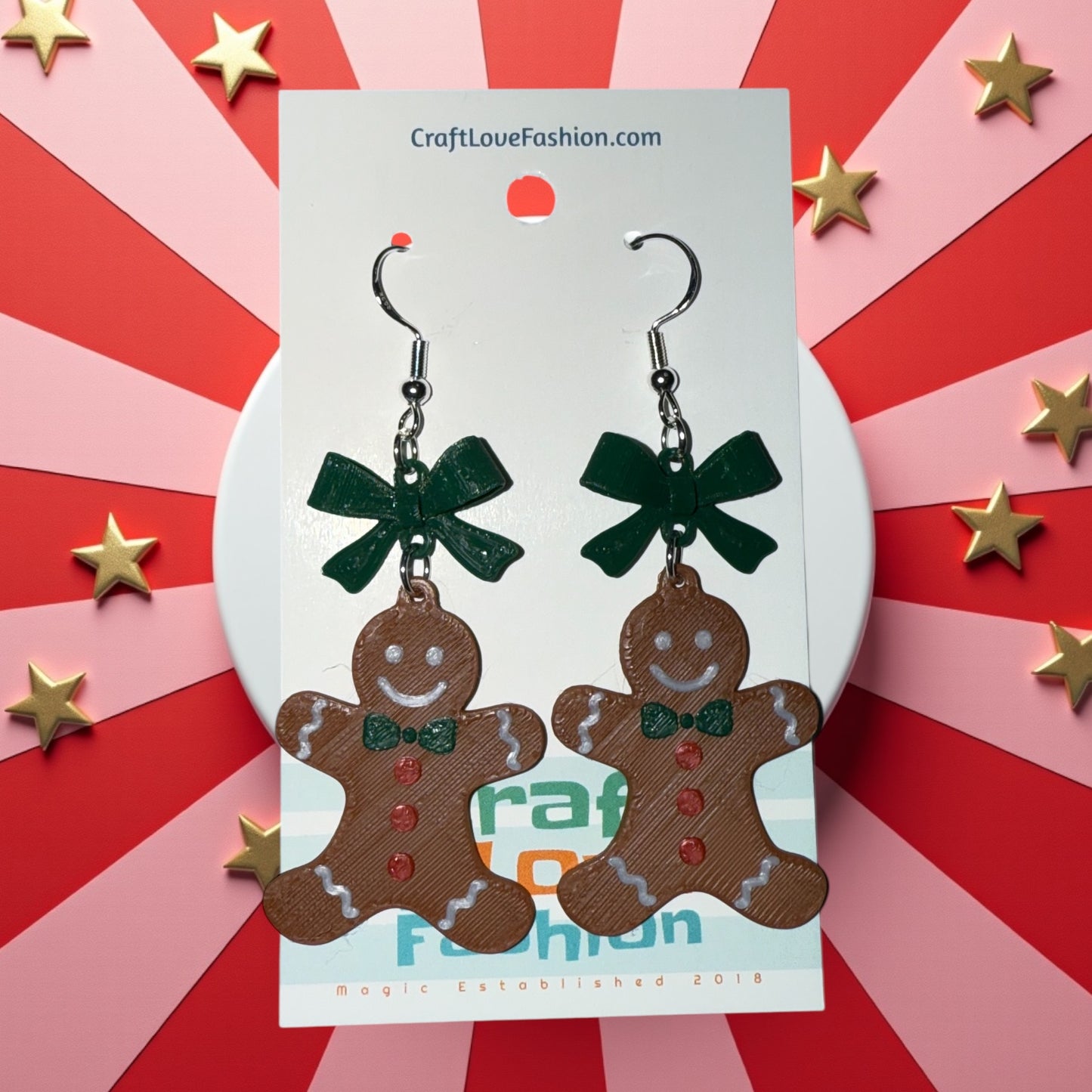Gingerbread Man with Bow- 3D Printed Earrings- Christmas