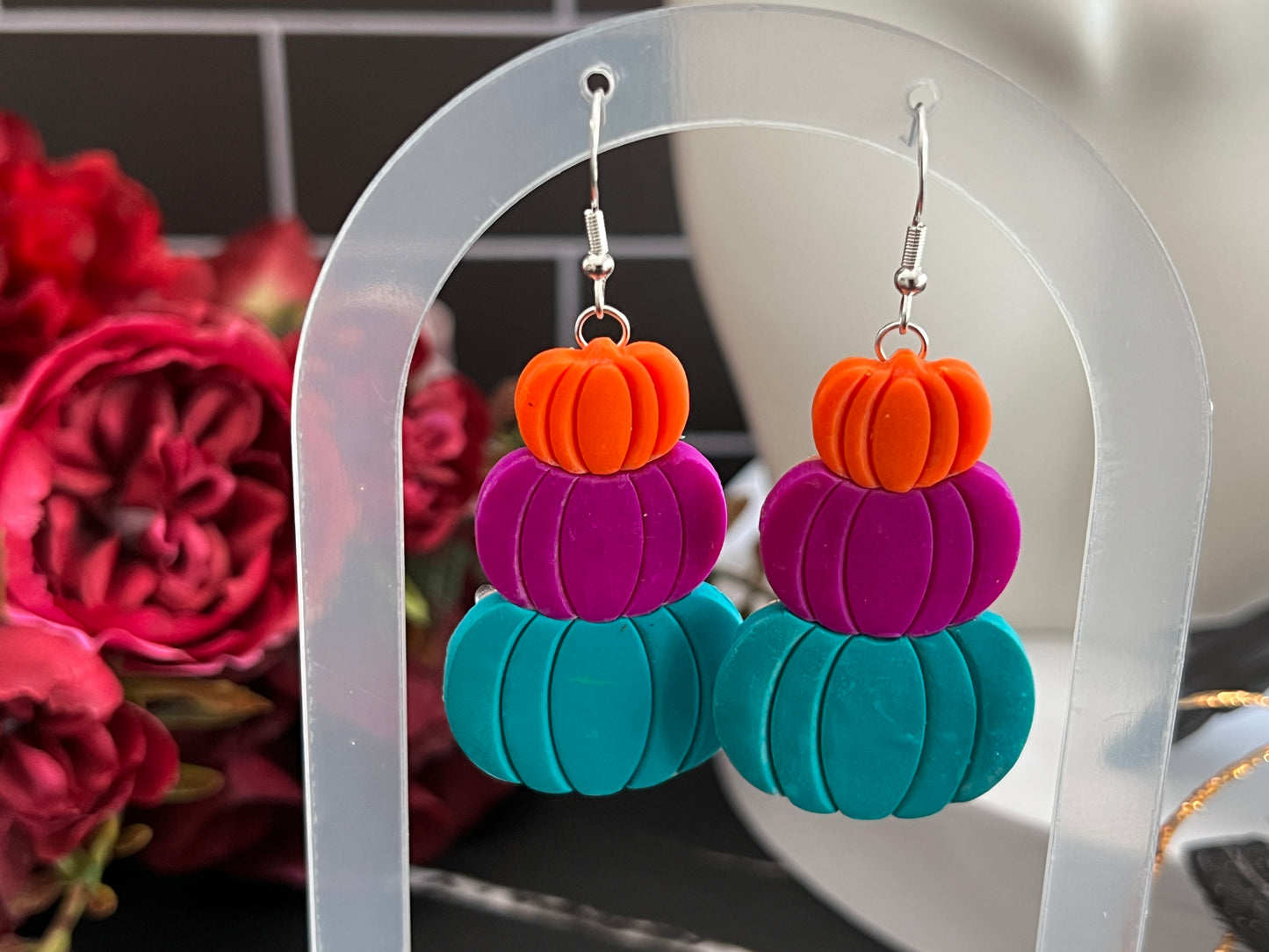 Bright Stacked Pumpkins Spooky Hook Earrings- E