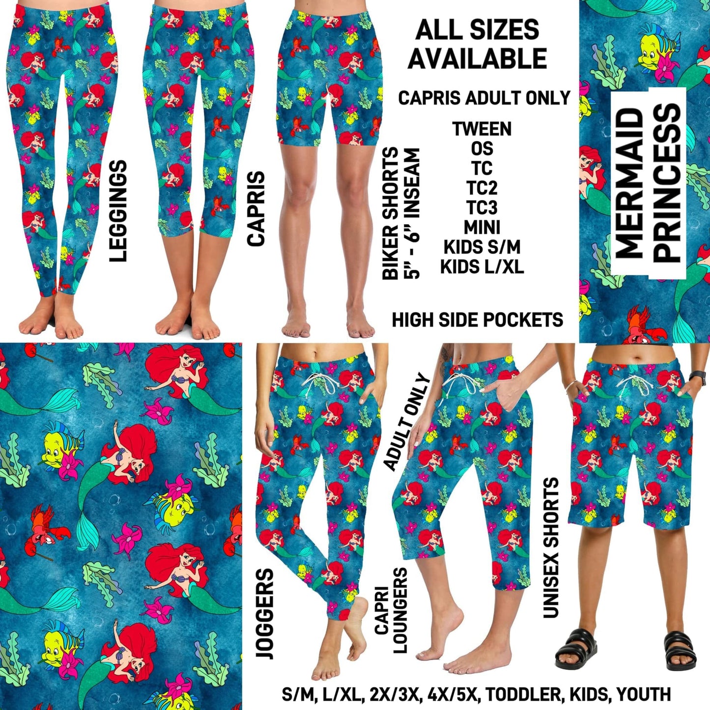 RTS - Mermaid Princess Full Joggers/Capri Loungers/Unisex Shorts
