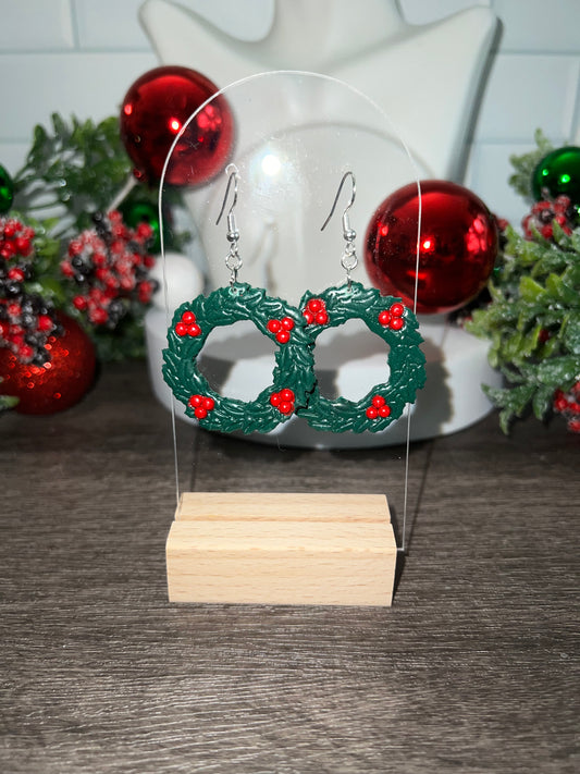 Holly Berry Wreath- Merry Collection- Hook Earring