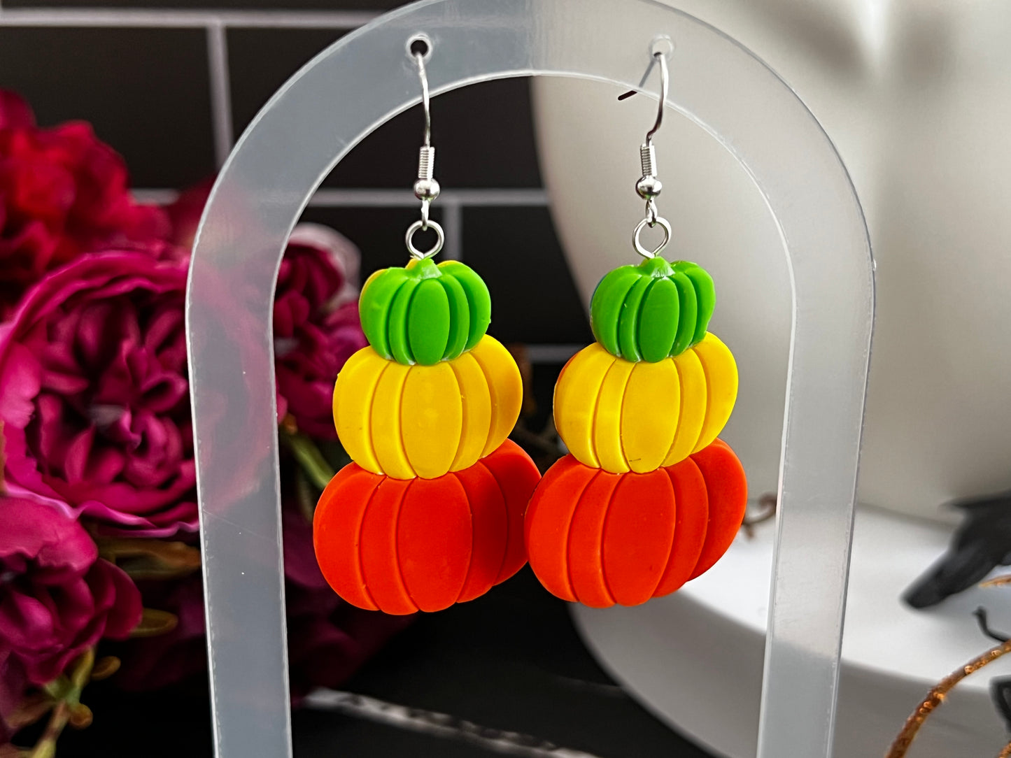 Bright Stacked Pumpkins Spooky Hook Earrings-A