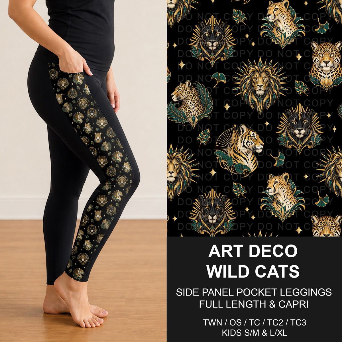 B320 - Preorder Art Deco Wild Cats Side Panel Pocket Leggings (Closes 11/08. ETA: mid Jan.)