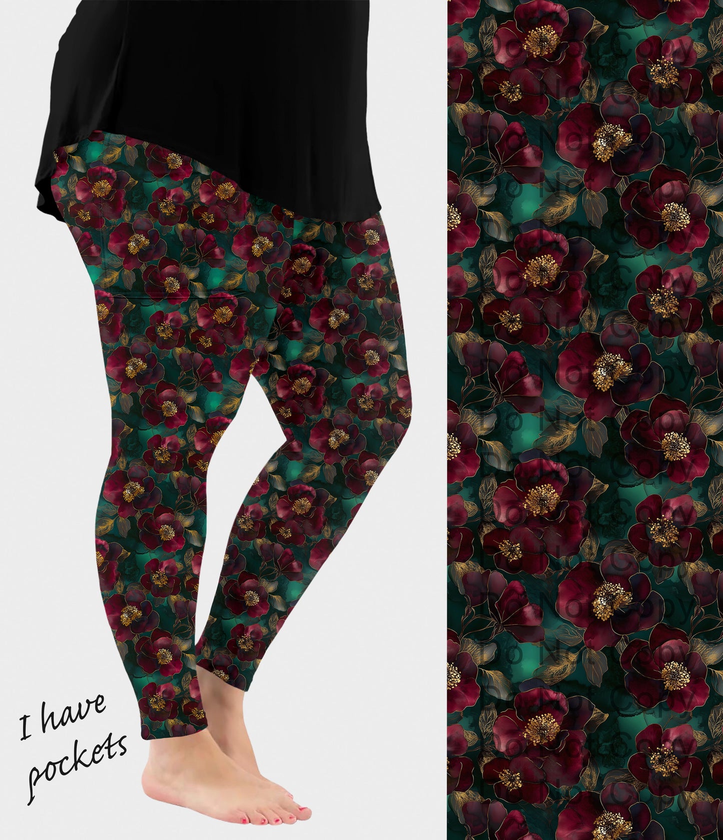 RTS - Alcohol Ink Burgundy Flowers Leggings w/ Pockets