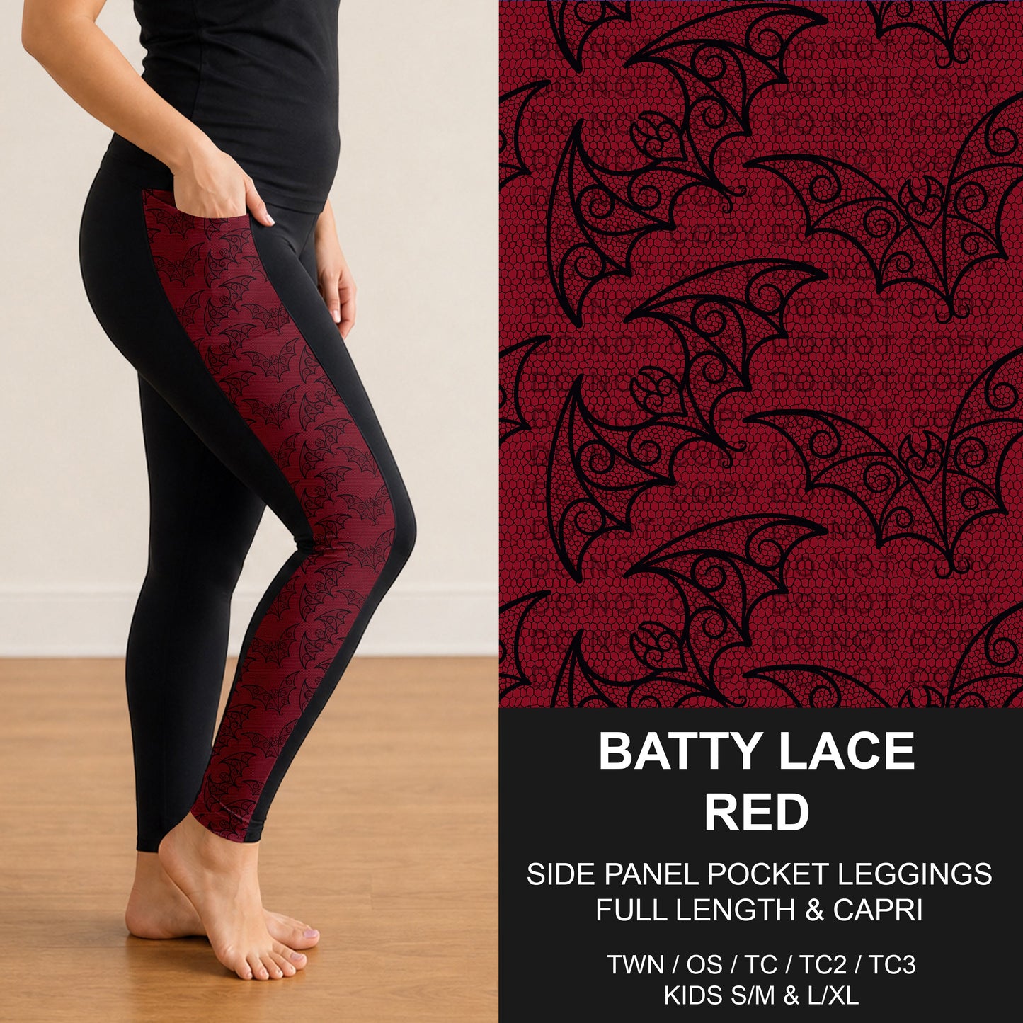 B305 - Preorder Batty Lace Red Side Panel Pocket Leggings (Closes 8/02. ETA: early Oct.)