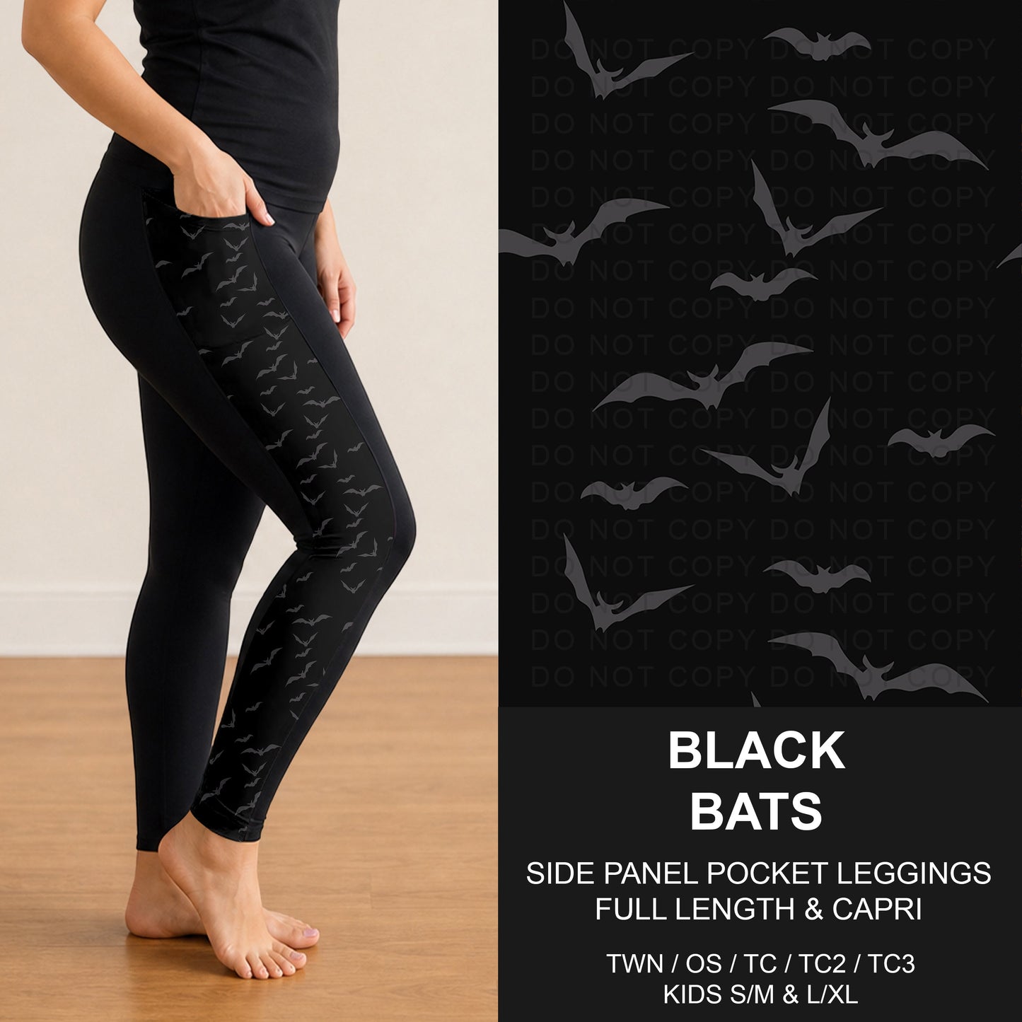 B299 - Preorder Black Bats Side Panel Pocket Leggings (Closes 7/12. ETA: mid Sept.)