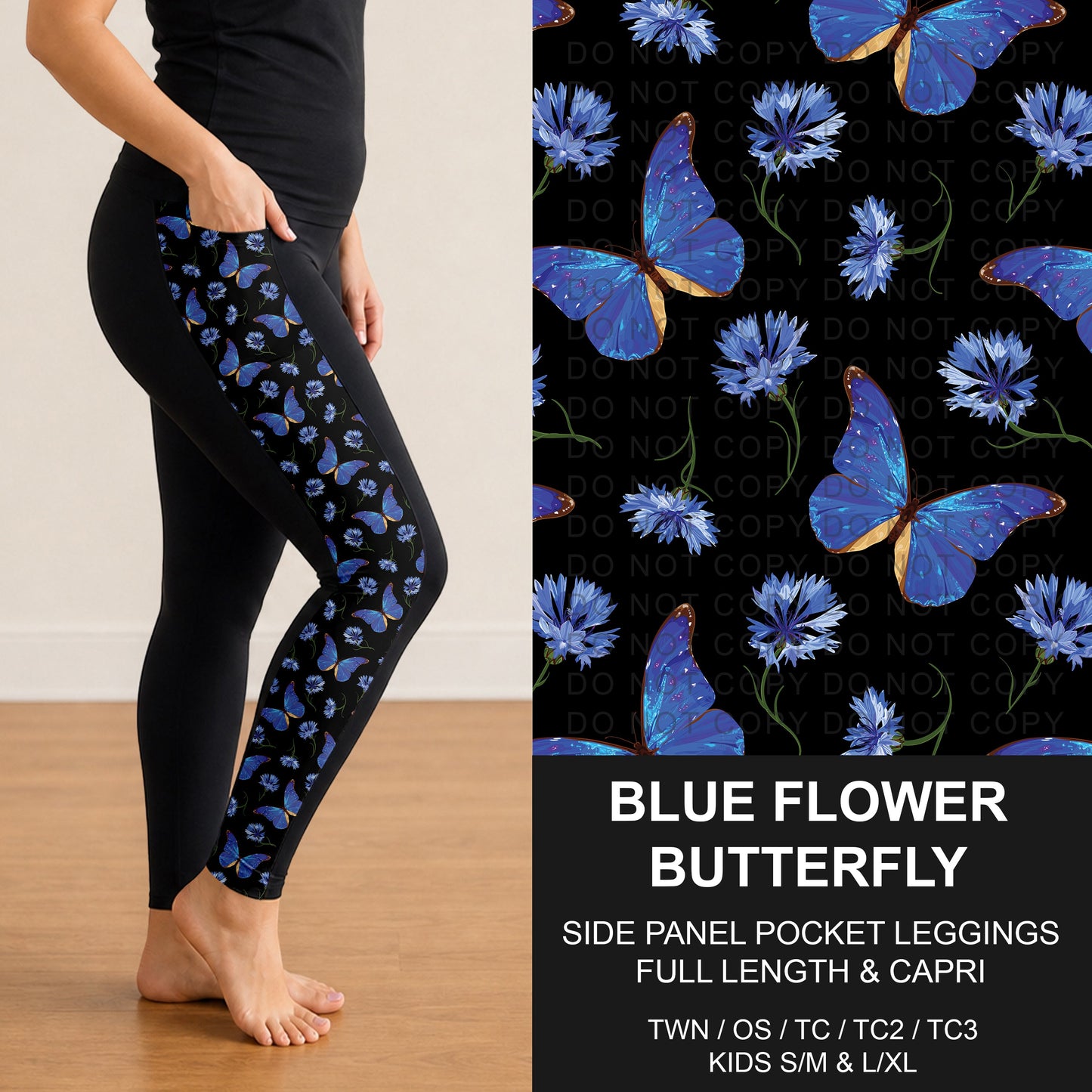 B300 - Preorder Blue Flower Butterfly Side Panel Pocket Leggings (Closes 7/15. ETA: mid Sept.)