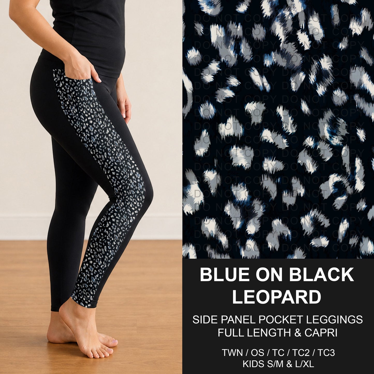 B300 - Preorder Blue on Black Leopard Side Panel Pocket Leggings (Closes 7/15. ETA: mid Sept.)