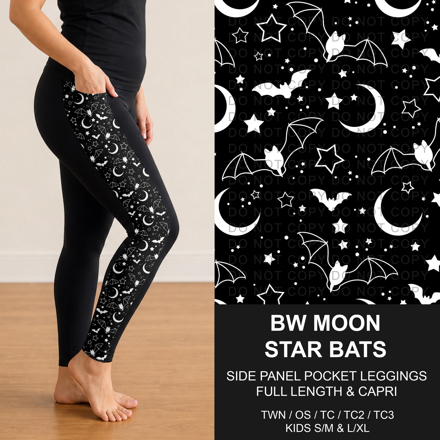 B305 - Preorder BW Moon Star Bats Side Panel Pocket Leggings (Closes 8/02. ETA: early Oct.)