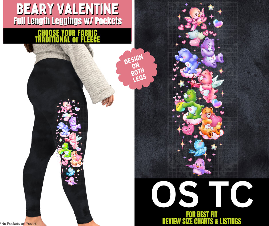 Beary Valentine Watercolor Leggings w/ Side Leg Designs Choose Fleece or Traditional