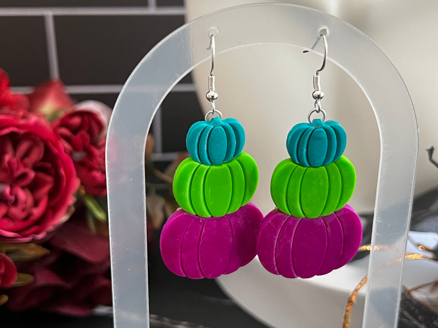 Bright Stacked Pumpkins Spooky Hook Earrings- J