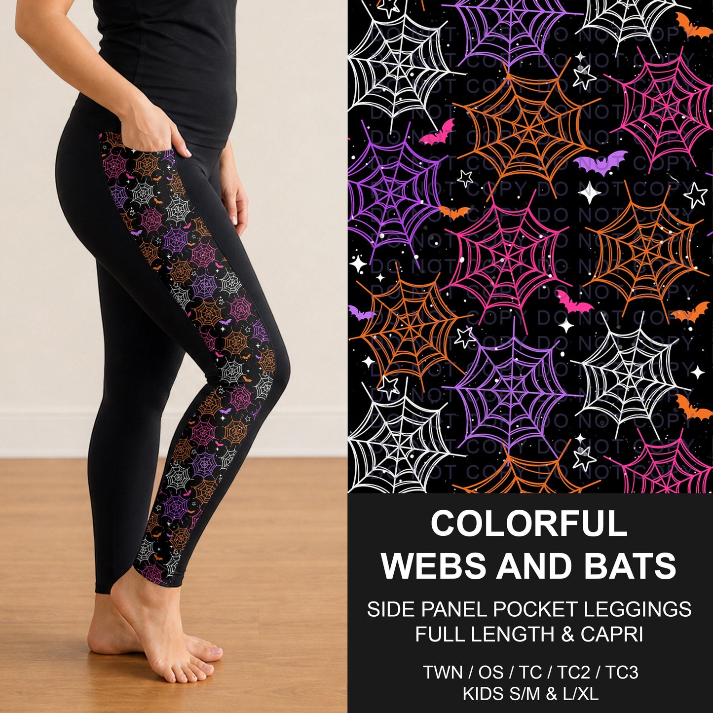 B297 - Preorder Colorful Webs and Bats Side Panel Pocket Leggings (Closes 6/28. ETA: early Sept.)