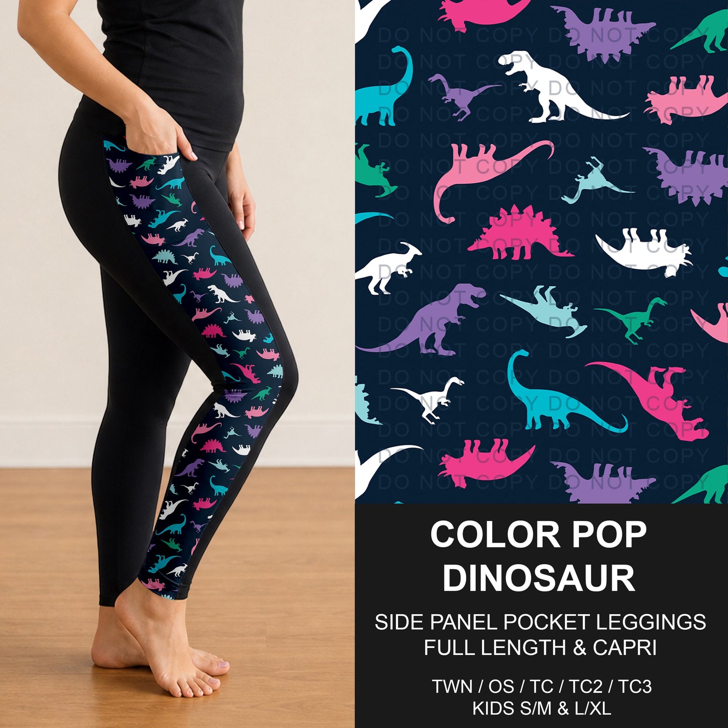 B300 - Preorder Color Pop Dinosaur Side Panel Pocket Leggings (Closes 7/15. ETA: mid Sept.)