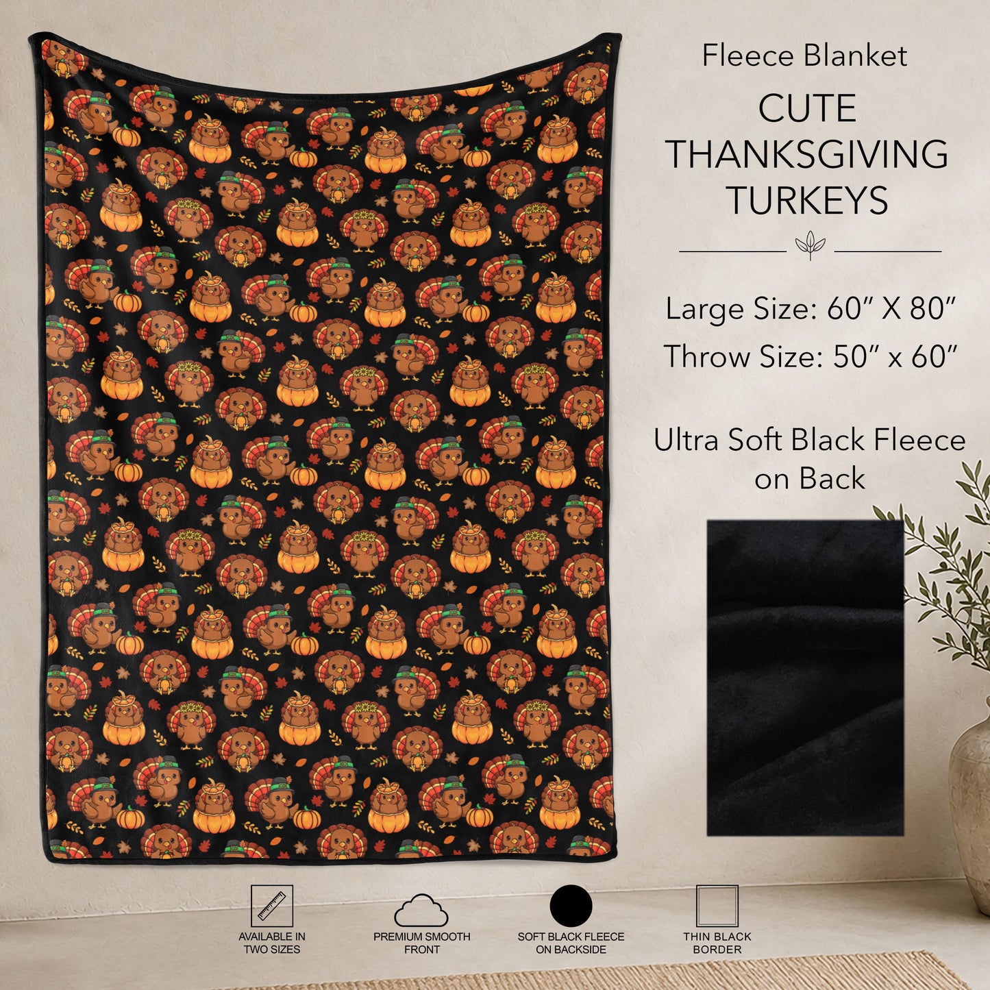 B304 - Pre-Order Cute Thanksgiving Turkeys Fleece Blanket (Closes 7/31. ETA: early Oct)