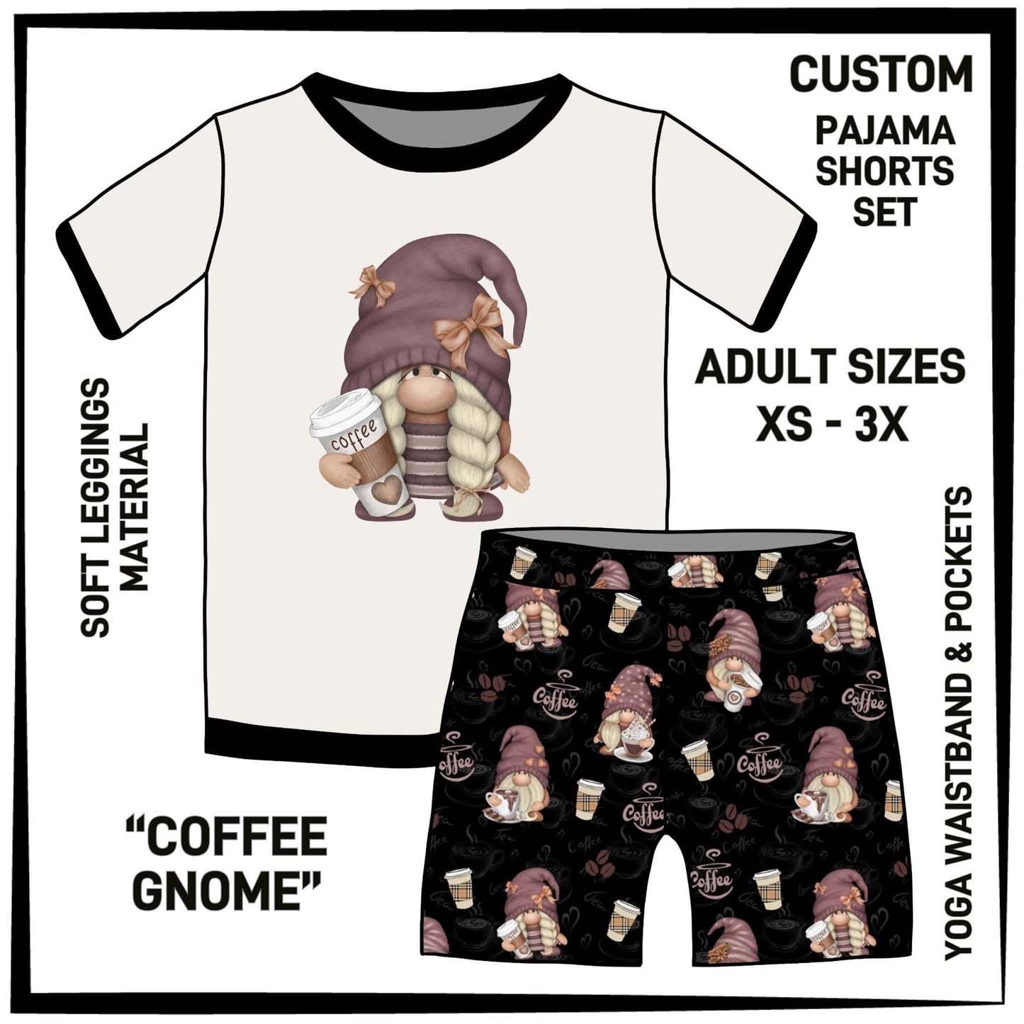 PS1S - Coffee Gnome Pajamas Top & Shorts Set - Preorder Closing 7/1 ETA: Late Aug
