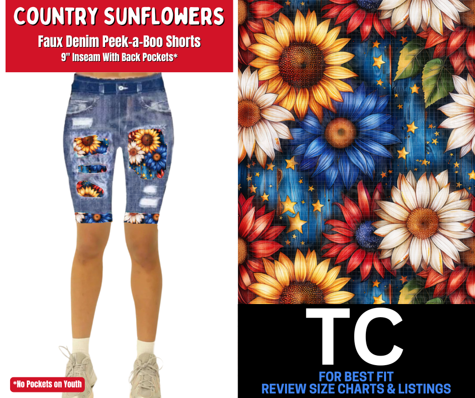 Country Sunflowers Faux Denim Peekaboo Jamaica Shorts