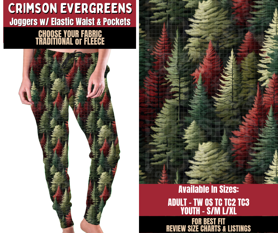 Preorder! Closes 9/7. ETA Dec. Crimson Evergreens Joggers Choose Fleece or Traditional