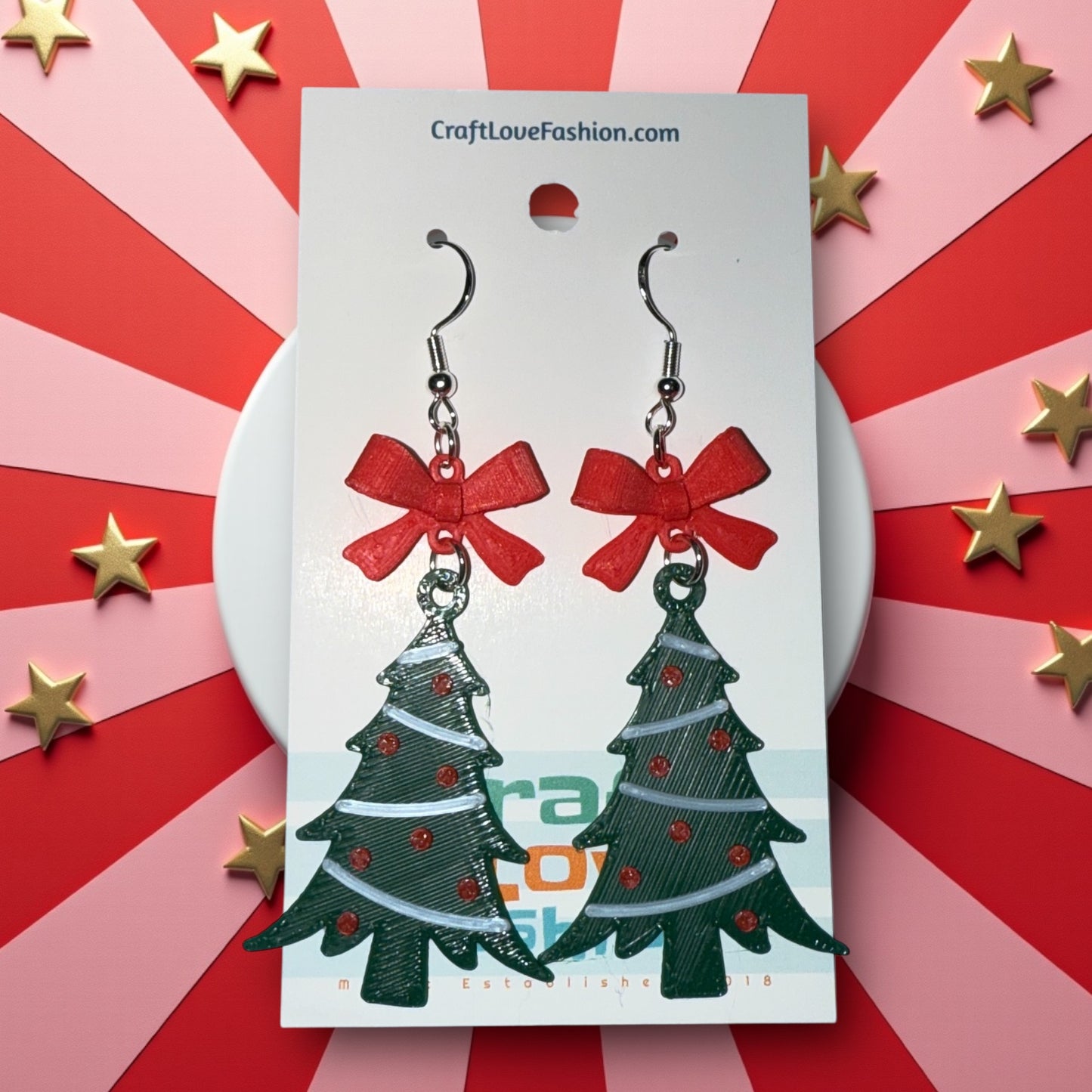 Christmas Tree with Bow- 3D Printed Earrings - Christmas