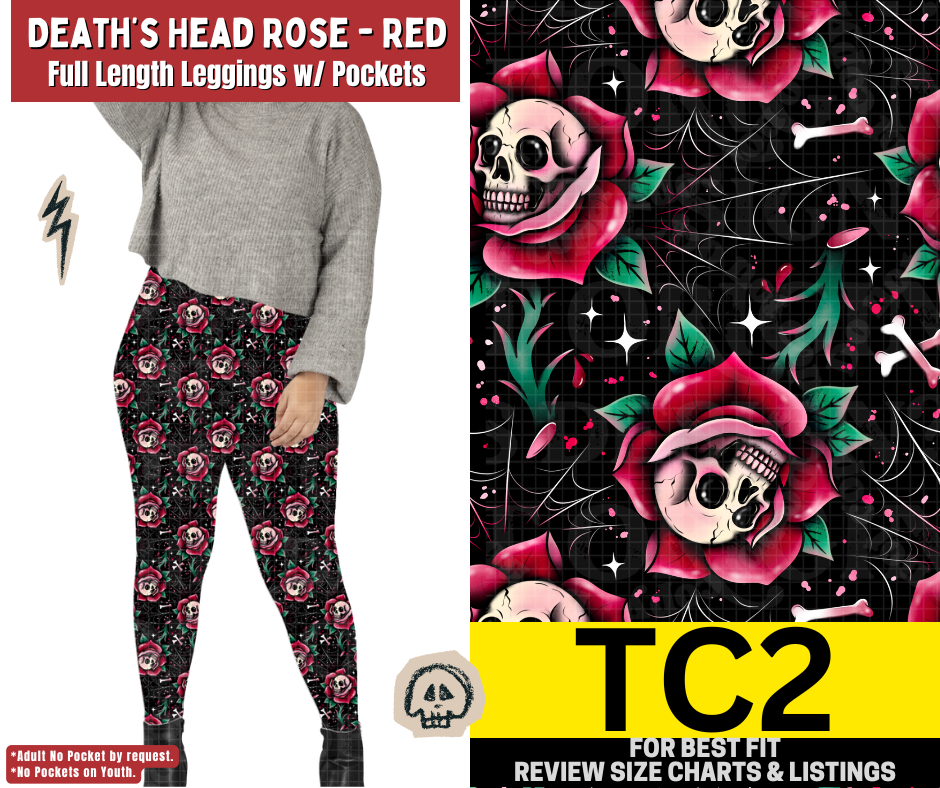 Death's Head Rose - Red Full Length Leggings w/ Pockets