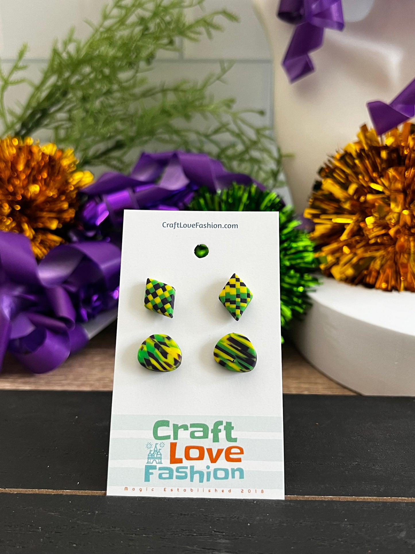 Checkered 2 Pack- B - Mardi Gras- Stud Earring