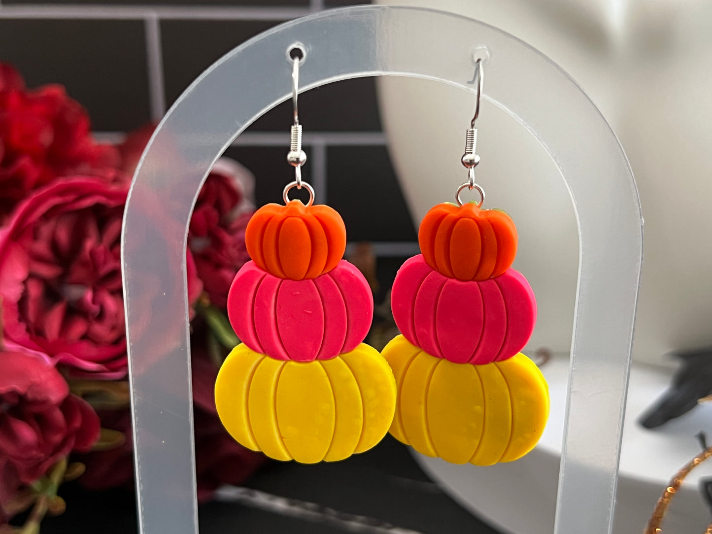 Bright Stacked Pumpkins Spooky Hook Earrings- C