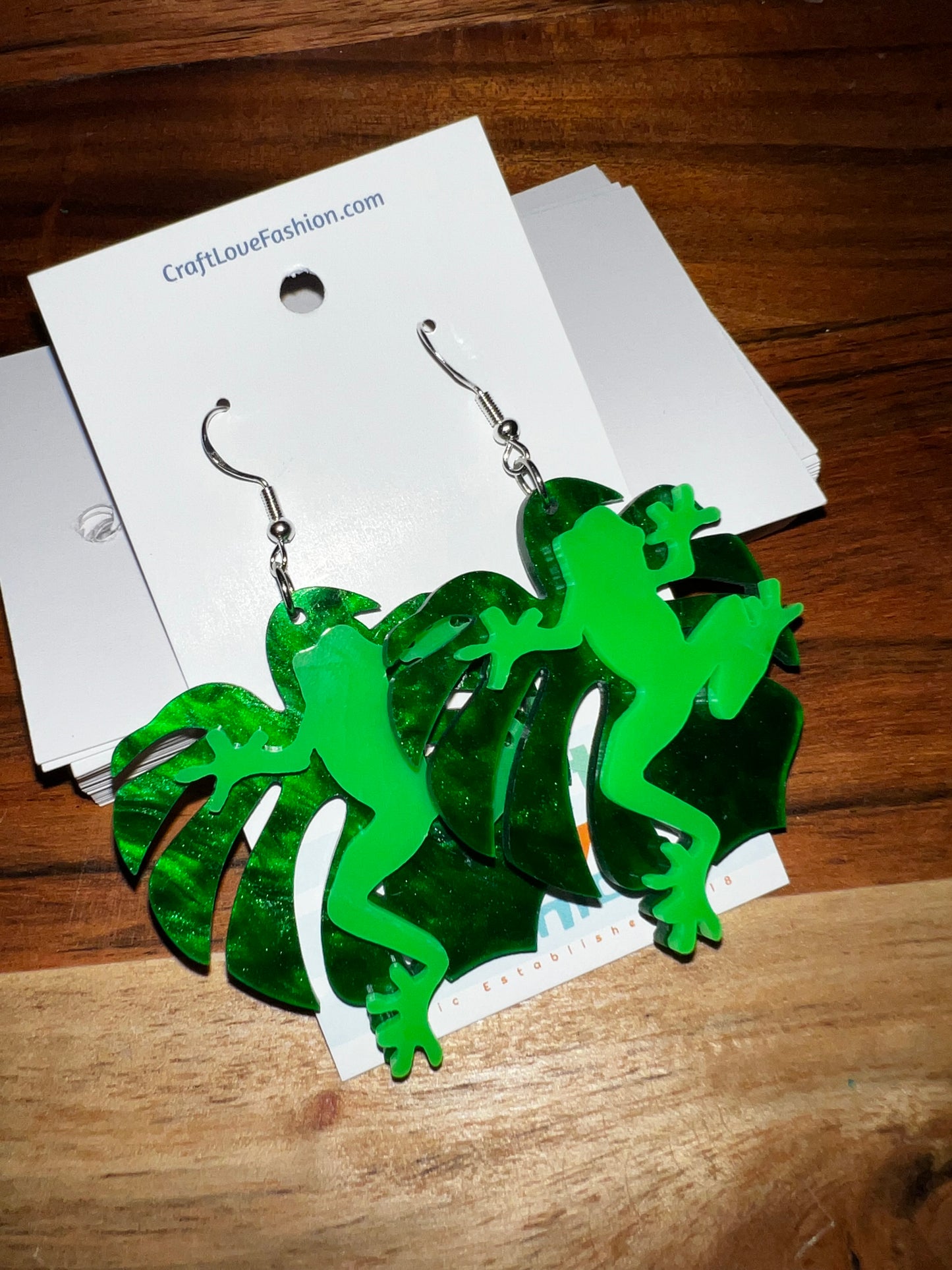 Frogs on Monstera- Acrylic Earrings