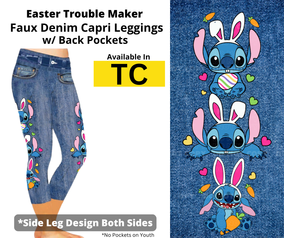 Easter Trouble Maker Capri Faux Denim w/ Side Leg Designs
