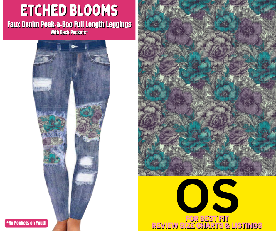 Etched Blooms Faux Denim Full Length Peekaboo Leggings