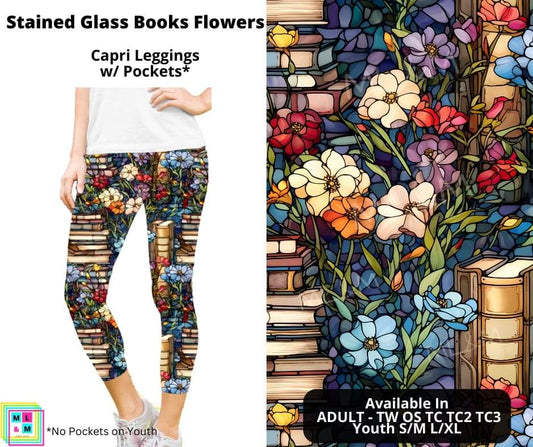Stained Glass Books Flowers Capri Length w/ Pockets