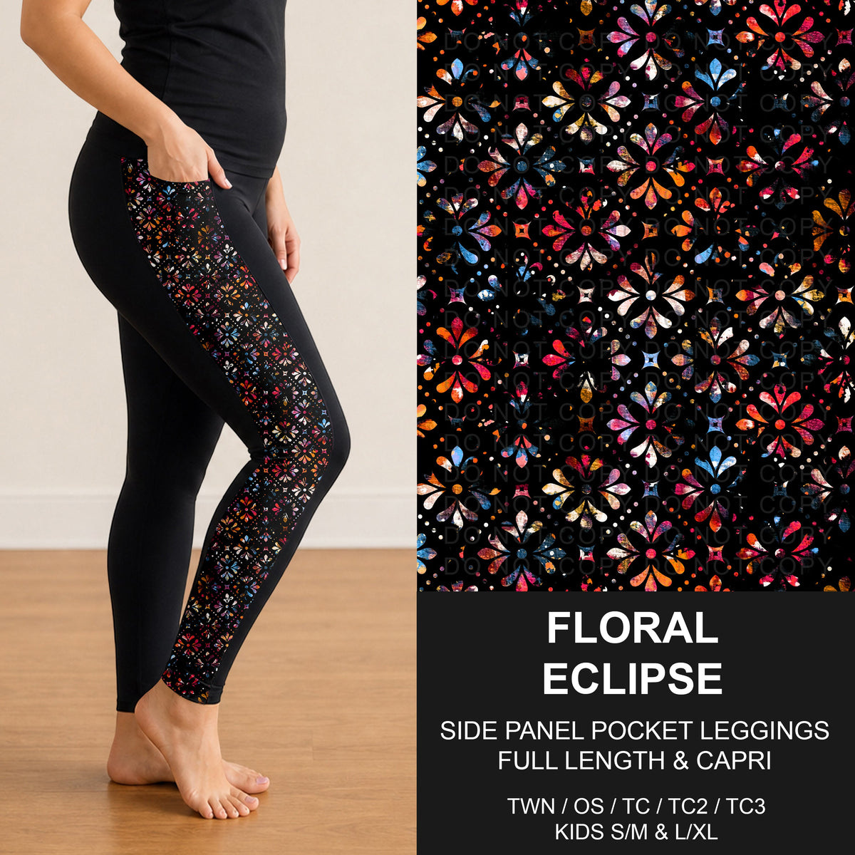 B319 - Preorder Floral Eclipse Side Panel Pocket Leggings (Closes 11/01. ETA: early Jan.)