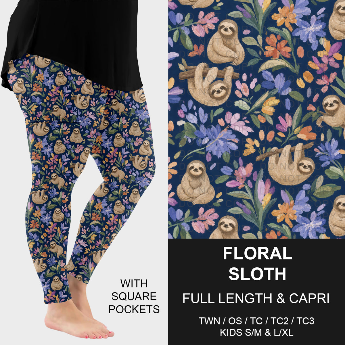 B317 - Preorder Floral Sloth Leggings w/ Pockets (Closes 10/18. ETA: late Dec.)