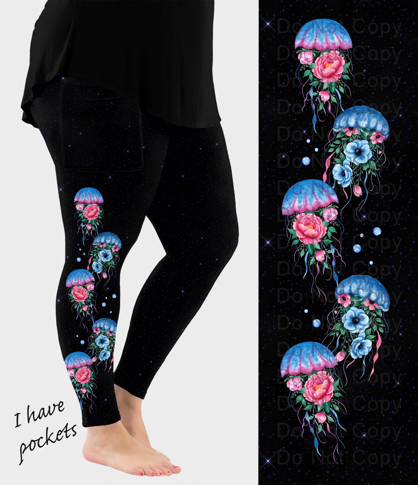 RTS - Floral Jellyfish Side Design Leggings w/ Pockets