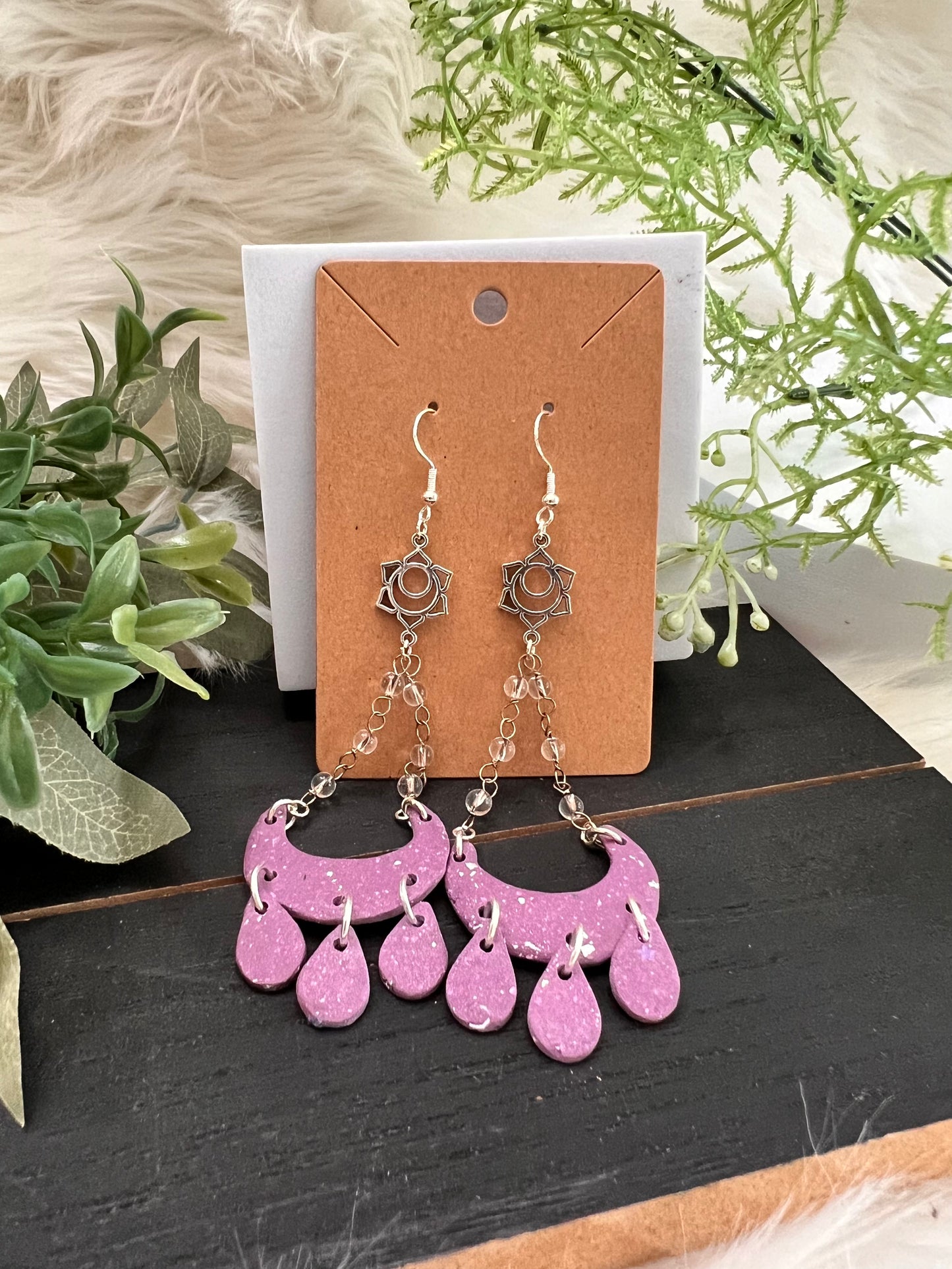 Beaded Drop Purple Flake Hook Earrings
