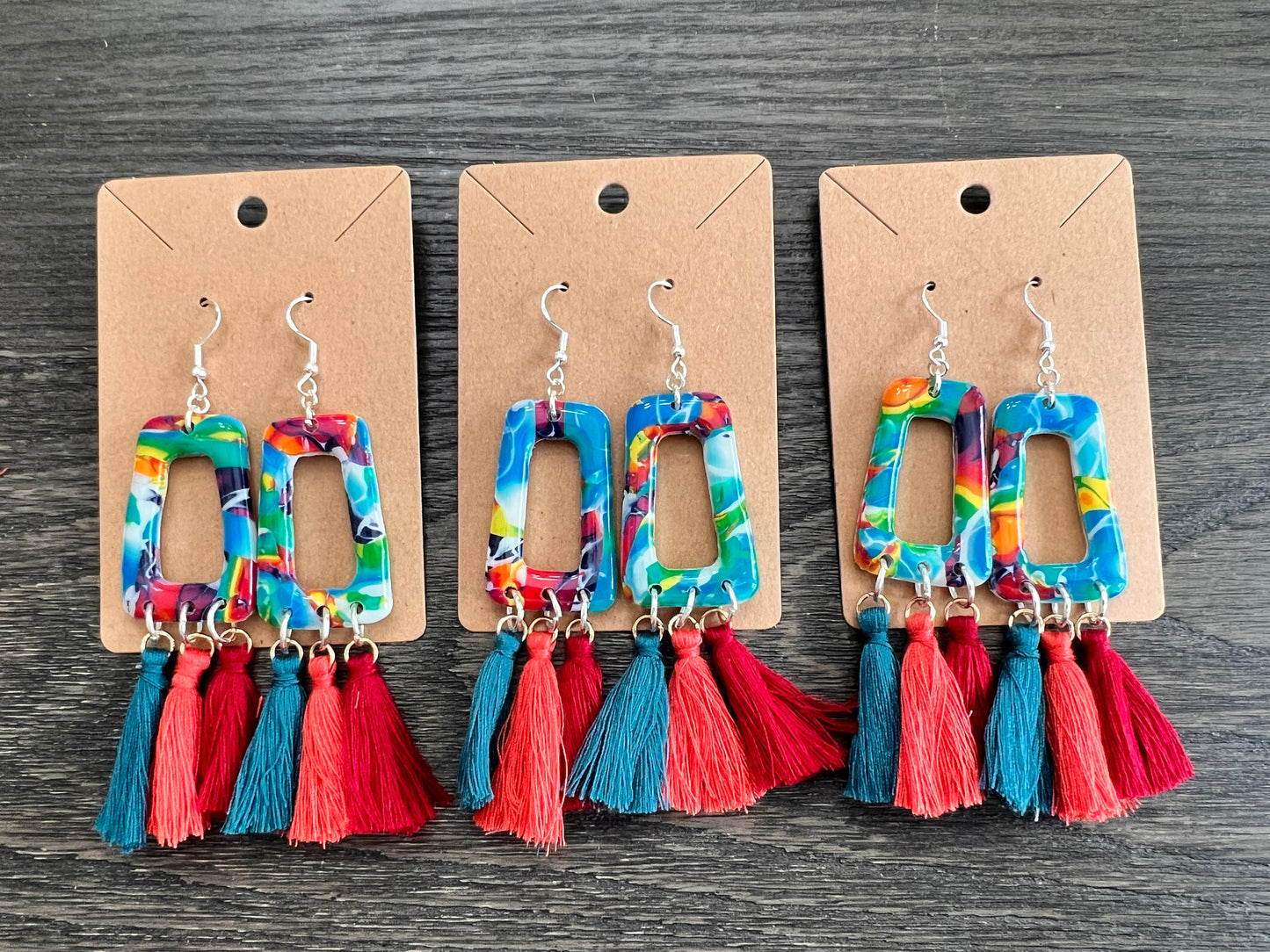Mokume Gane Tassle Hook Earrings- Rainbow Smush