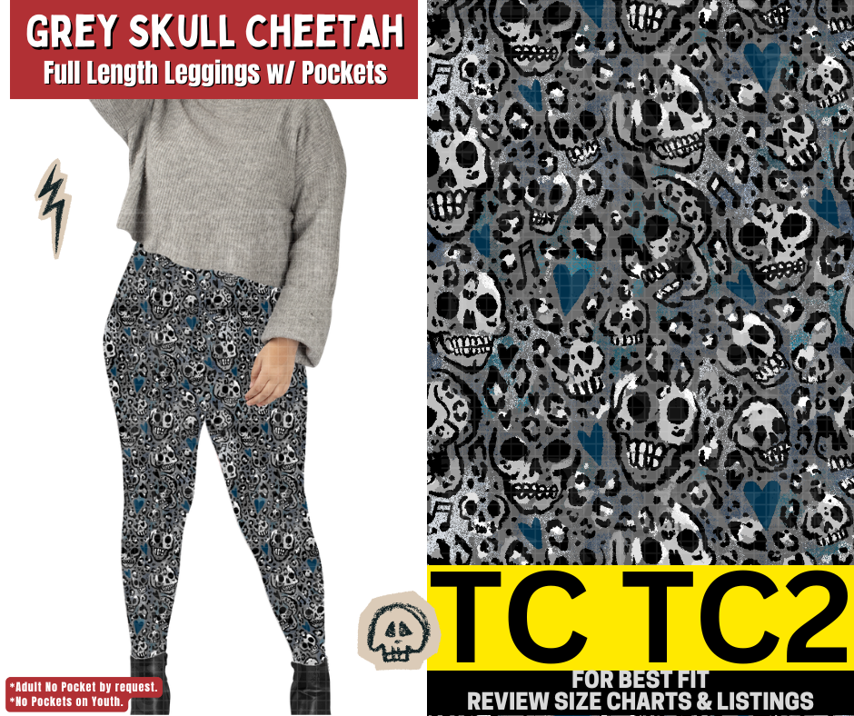 Grey Skull Cheetah Full Length Leggings w/ Pockets