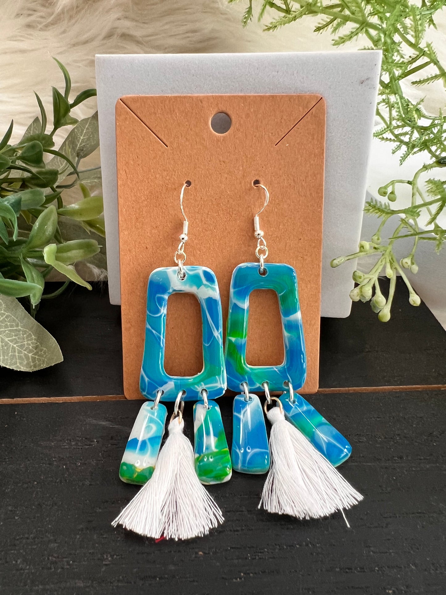 Mokume Gane Tassle Hook Earrings- Ocean- Color Way 2