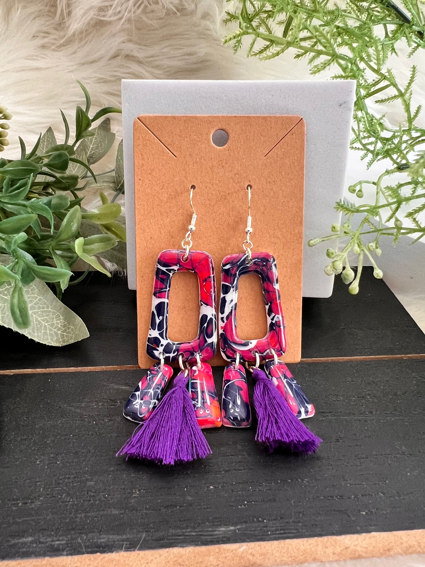 Mokume Gane Tassle Hook Earrings- Purple- color way 2