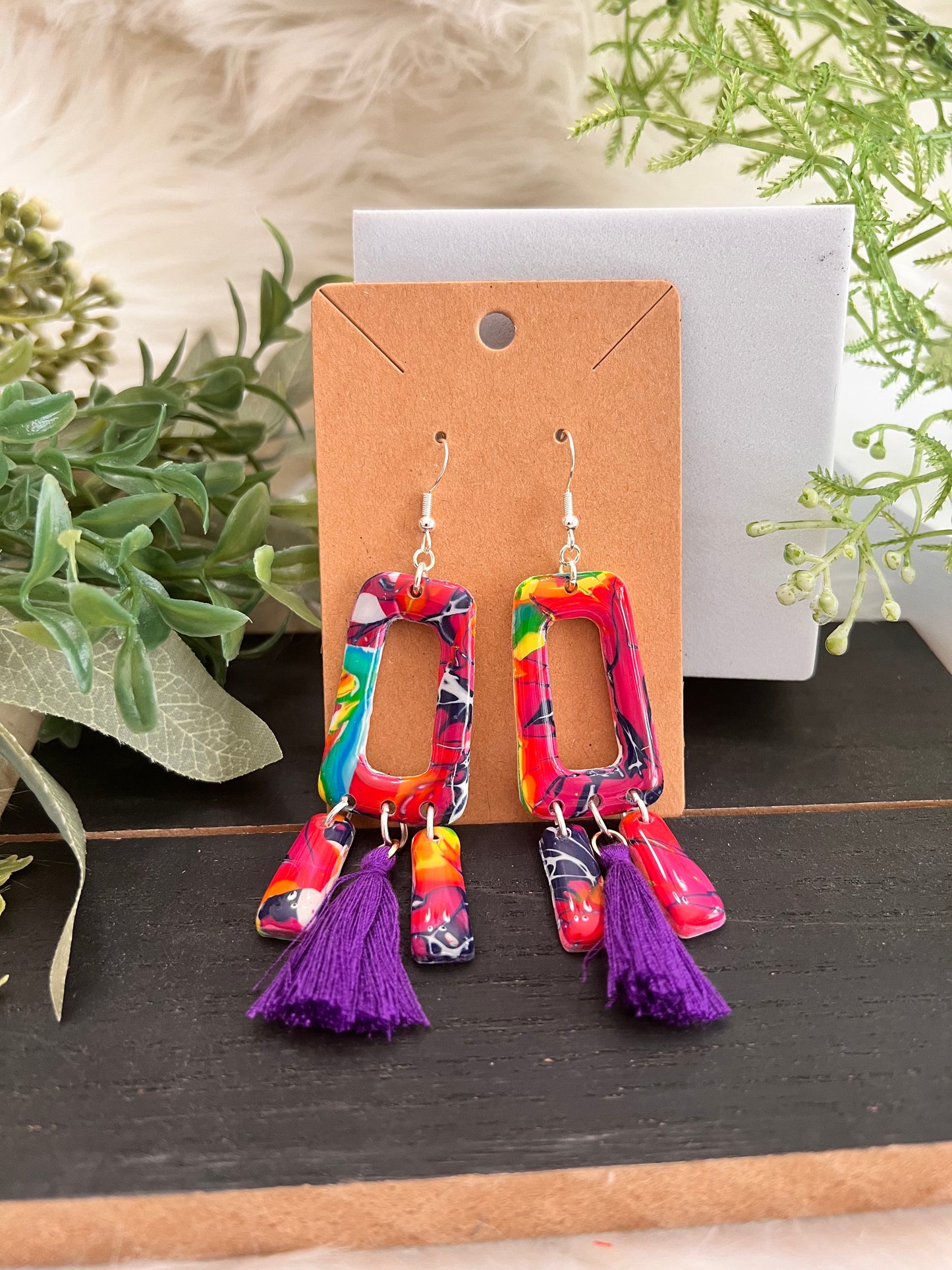 Mokume Gane Tassle Hook Earrings- Purple- color way 3