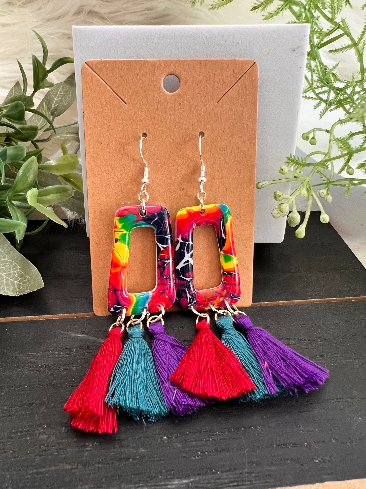 Mokume Gane Tassle Hook Earrings- Jewel
