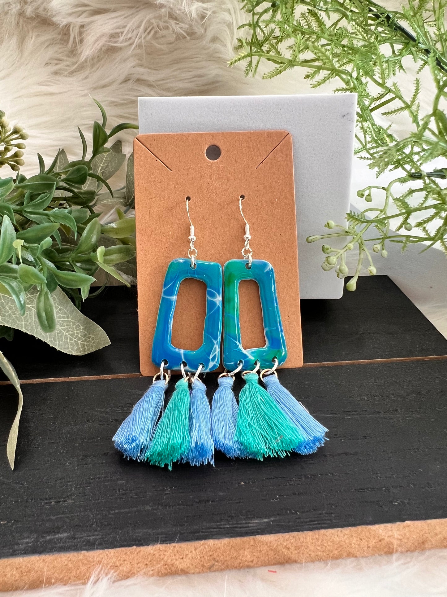 Mokume Gane Tassle Hook Earrings- Ocean- Color Way 1