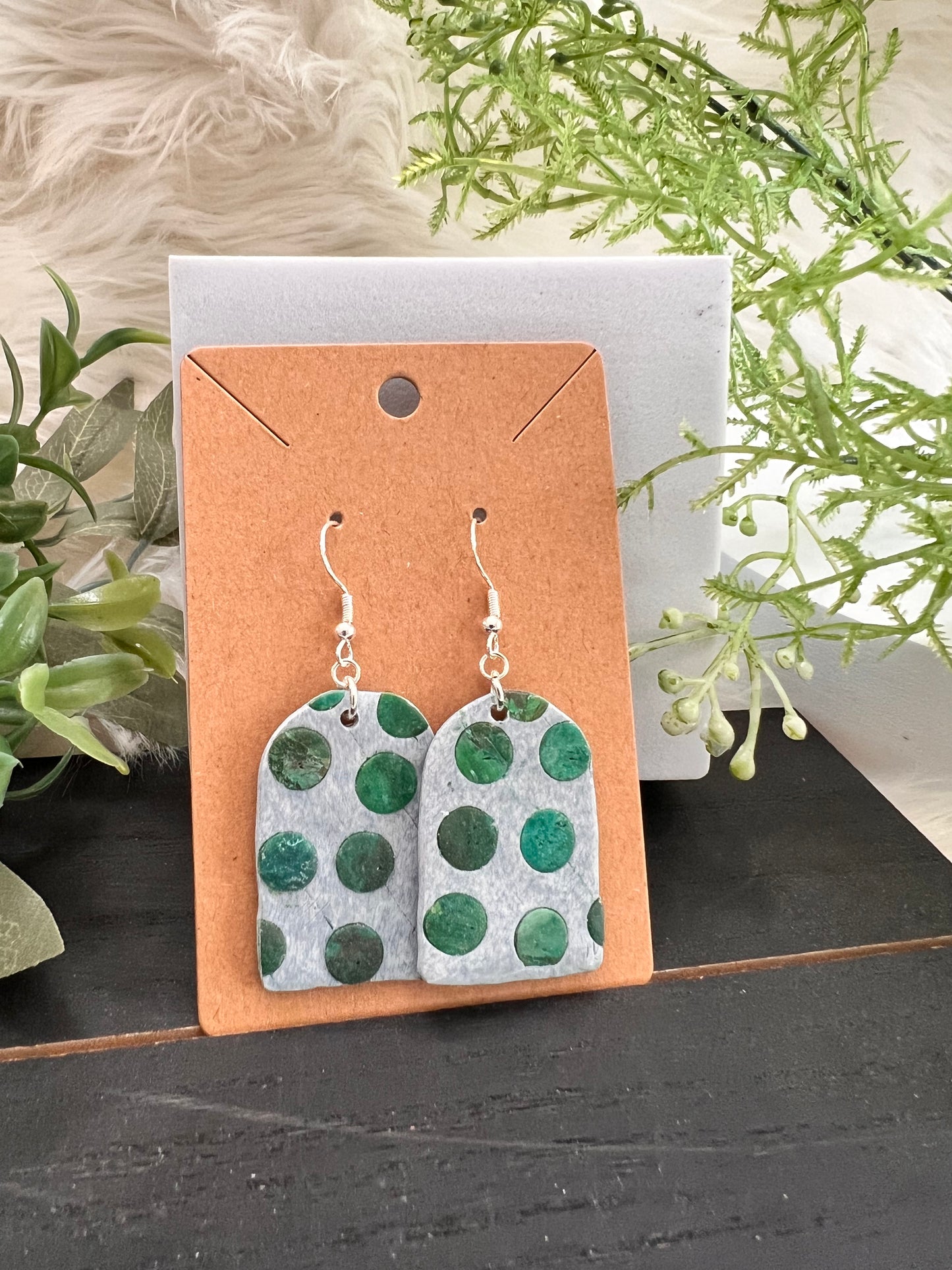 Green Dot Stone Hook Earrings