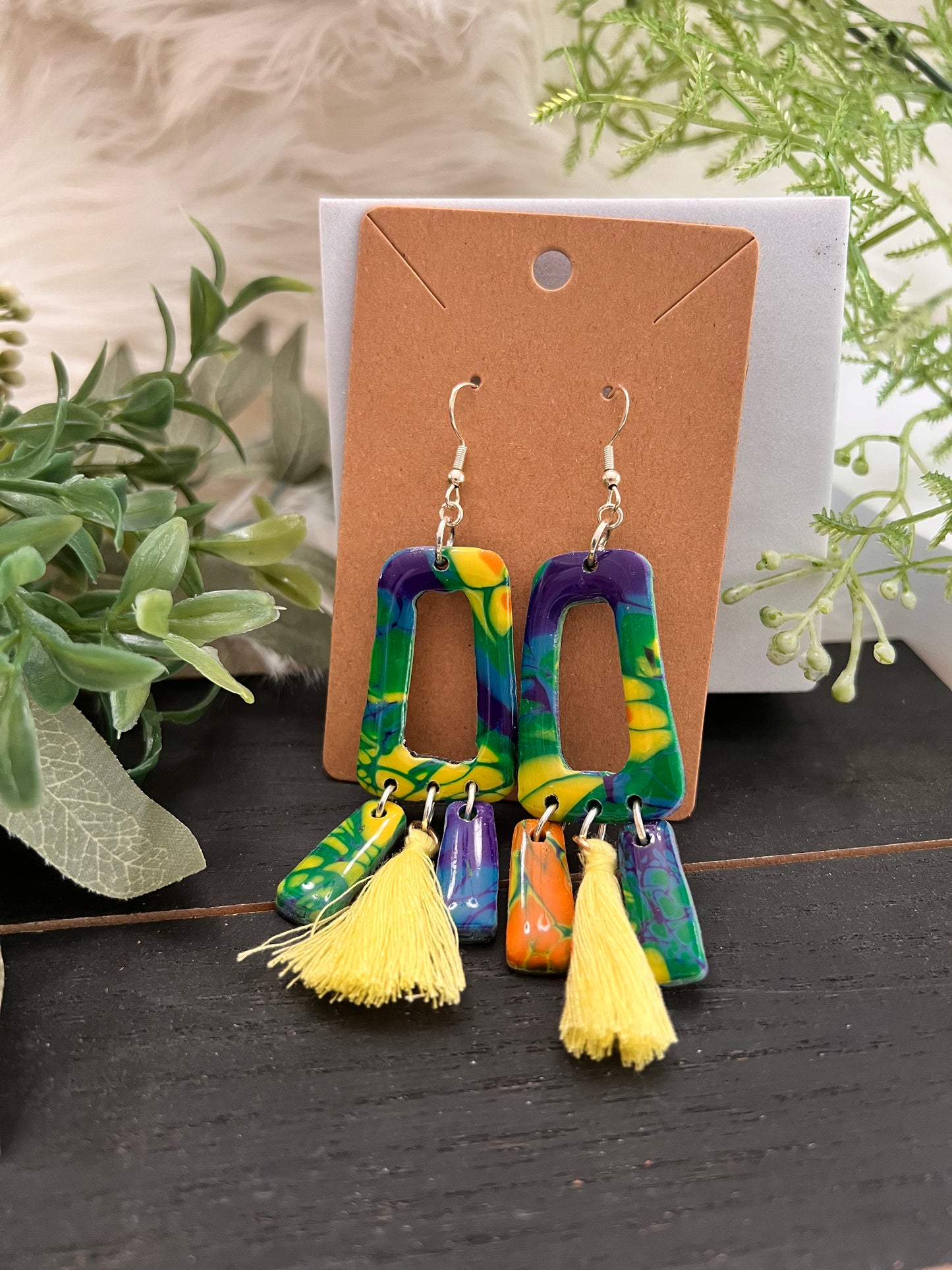 Mokume Gane Tassle Hook Earrings- Analogous