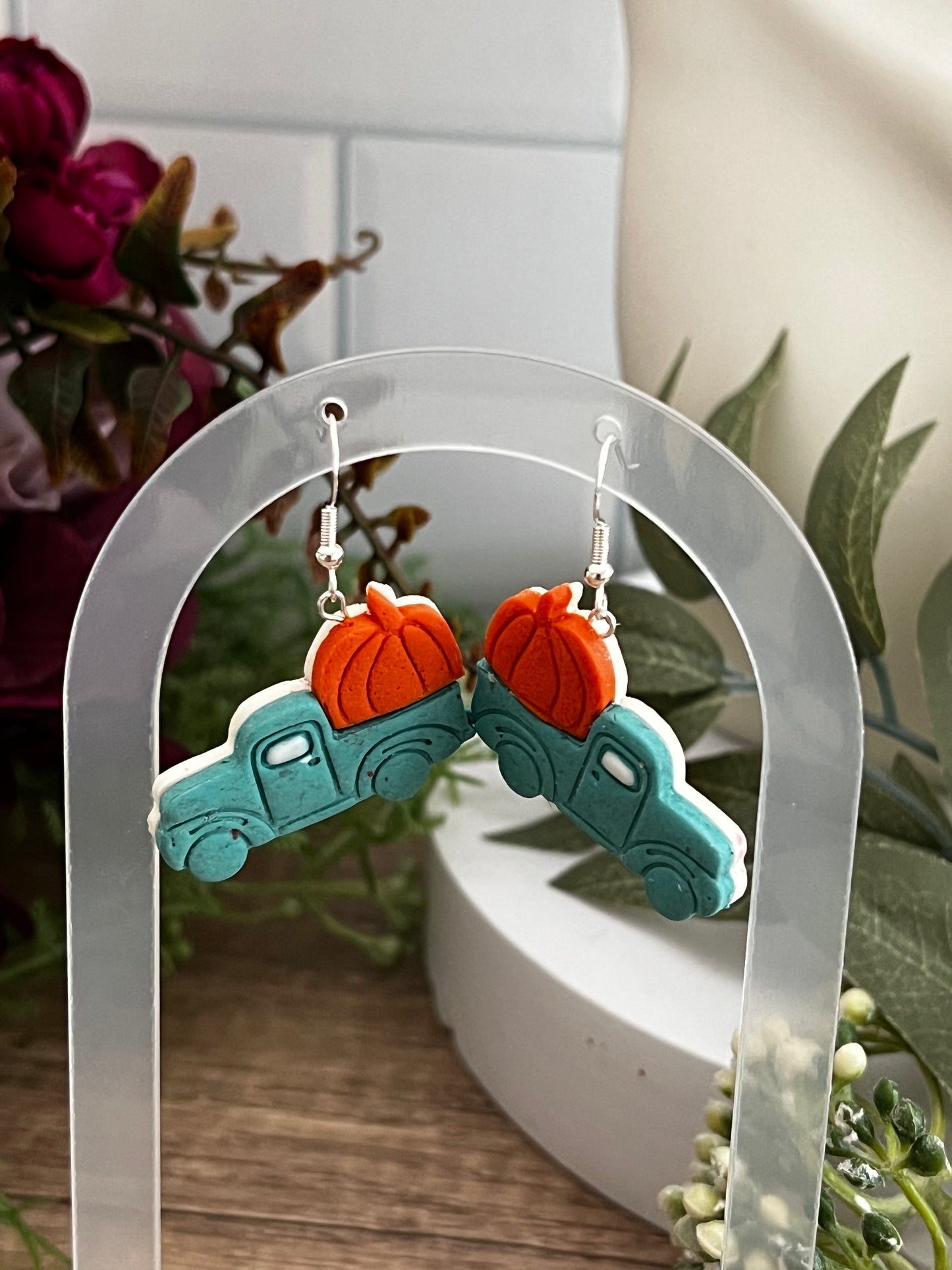 Aqua Pumpkin Farm Truck- Hook Earring