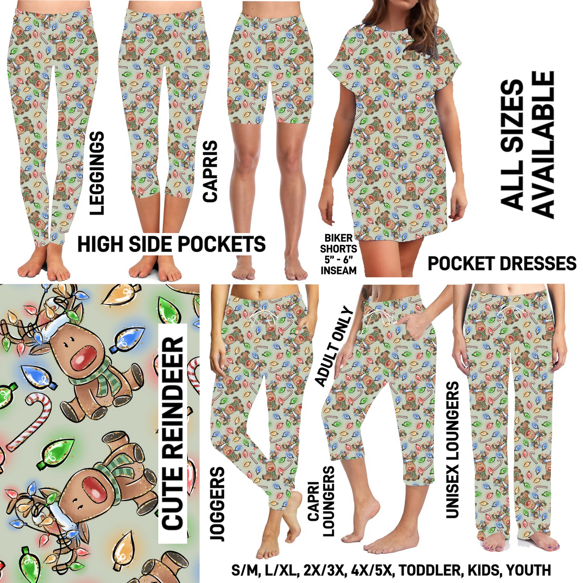 RTS - Cute Reindeer Leggings with High Side Pockets