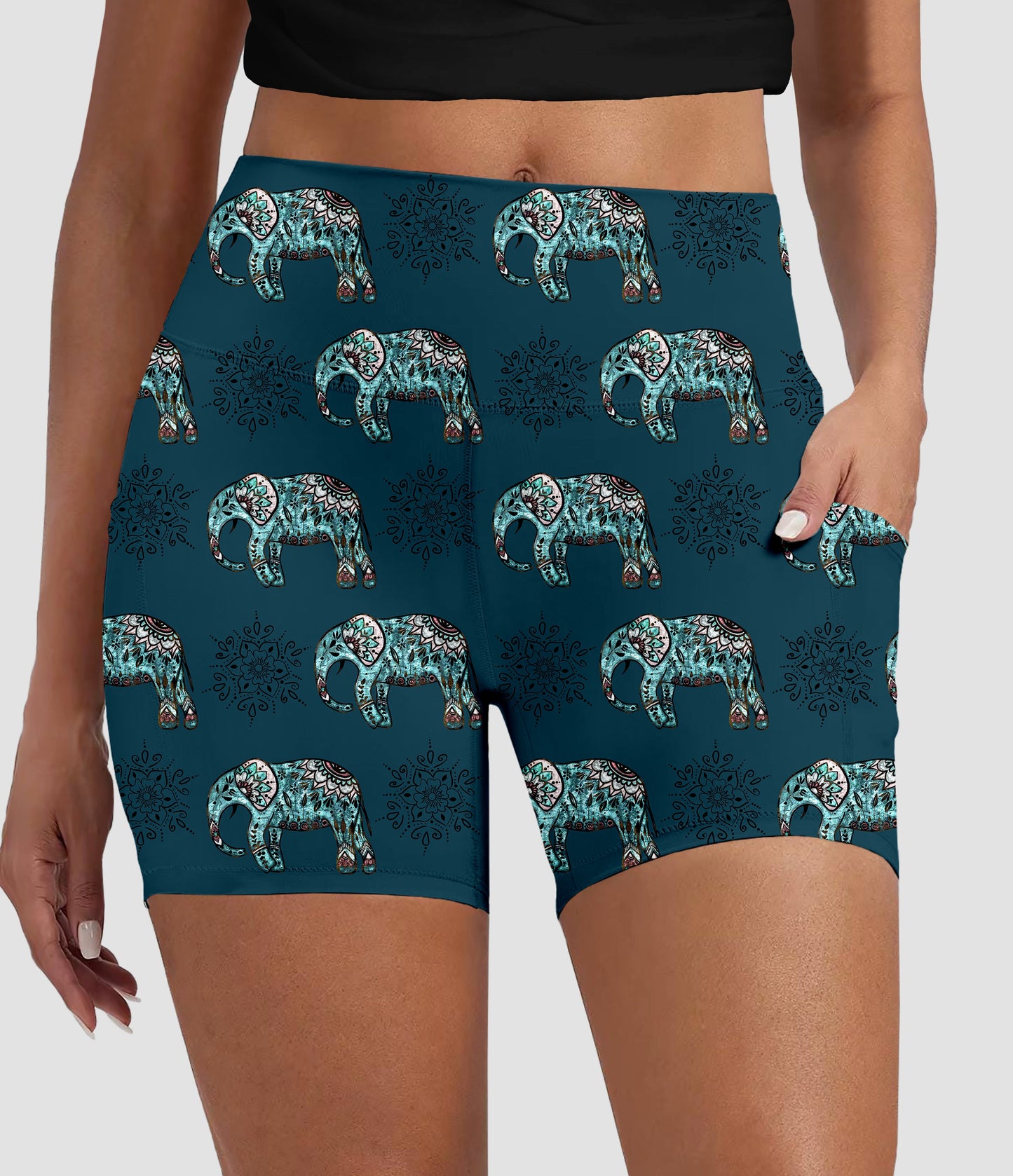 RTS - Mandala Elephants Biker Shorts w/ Pockets