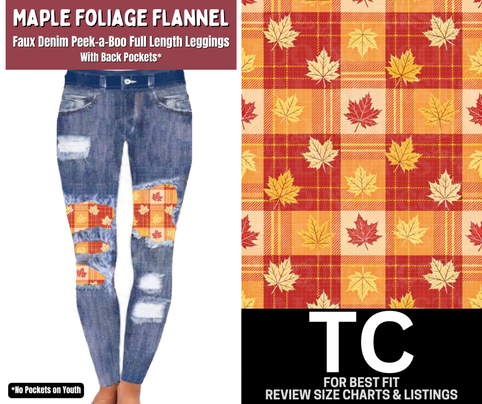 Maple Foliage Flannel Faux Denim Full Length Peekaboo Leggings