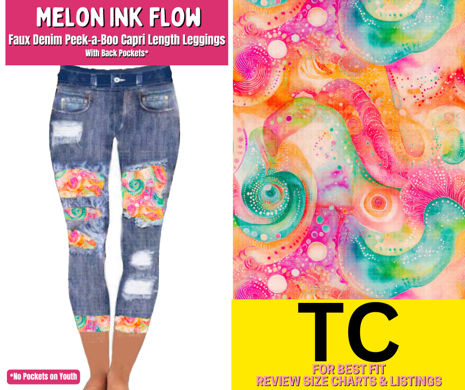 Melon Ink Flow Capri Faux Denim Peekaboo