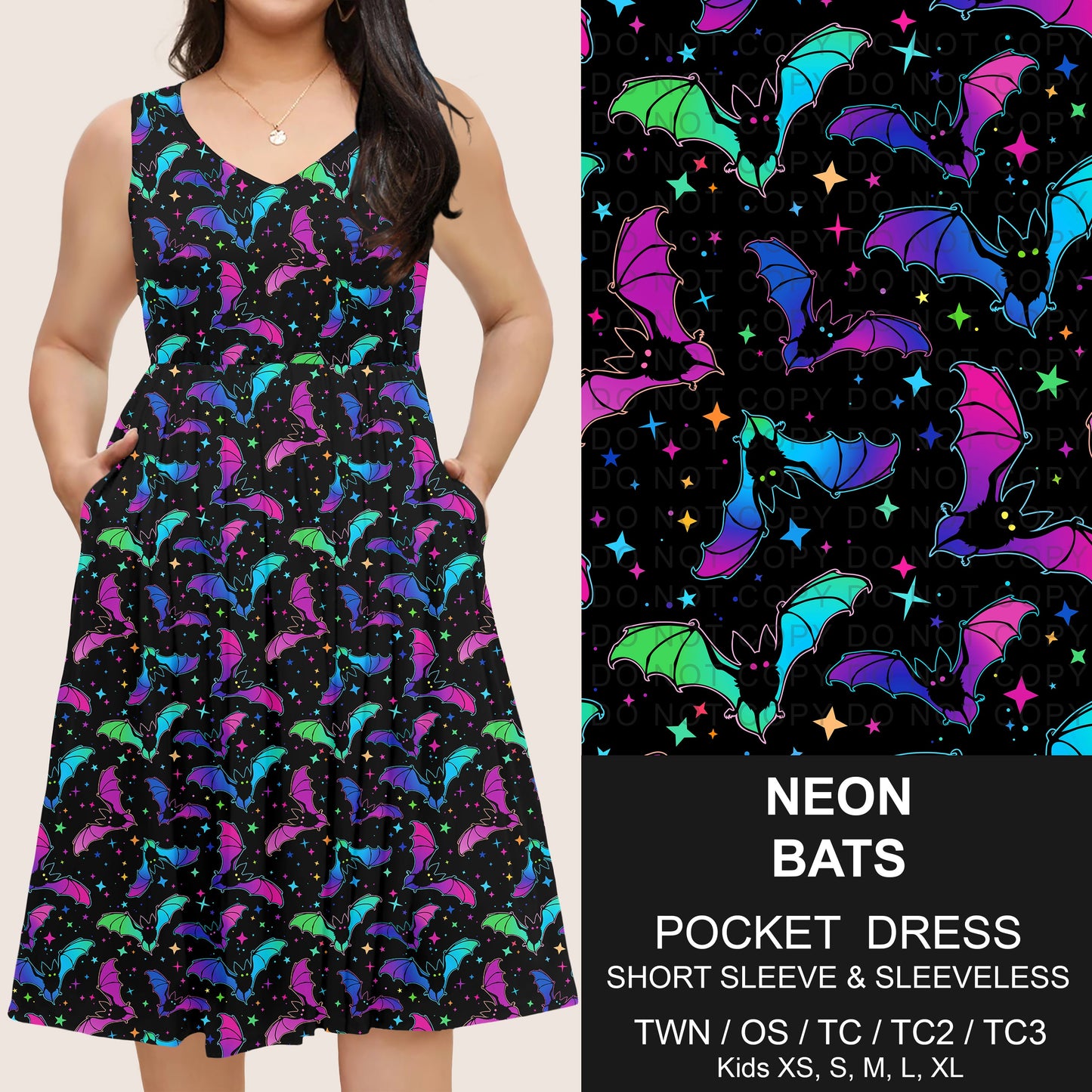 B302 - Preorder Neon Bats Pocket Dress (Closes 7/24. ETA: early Oct)