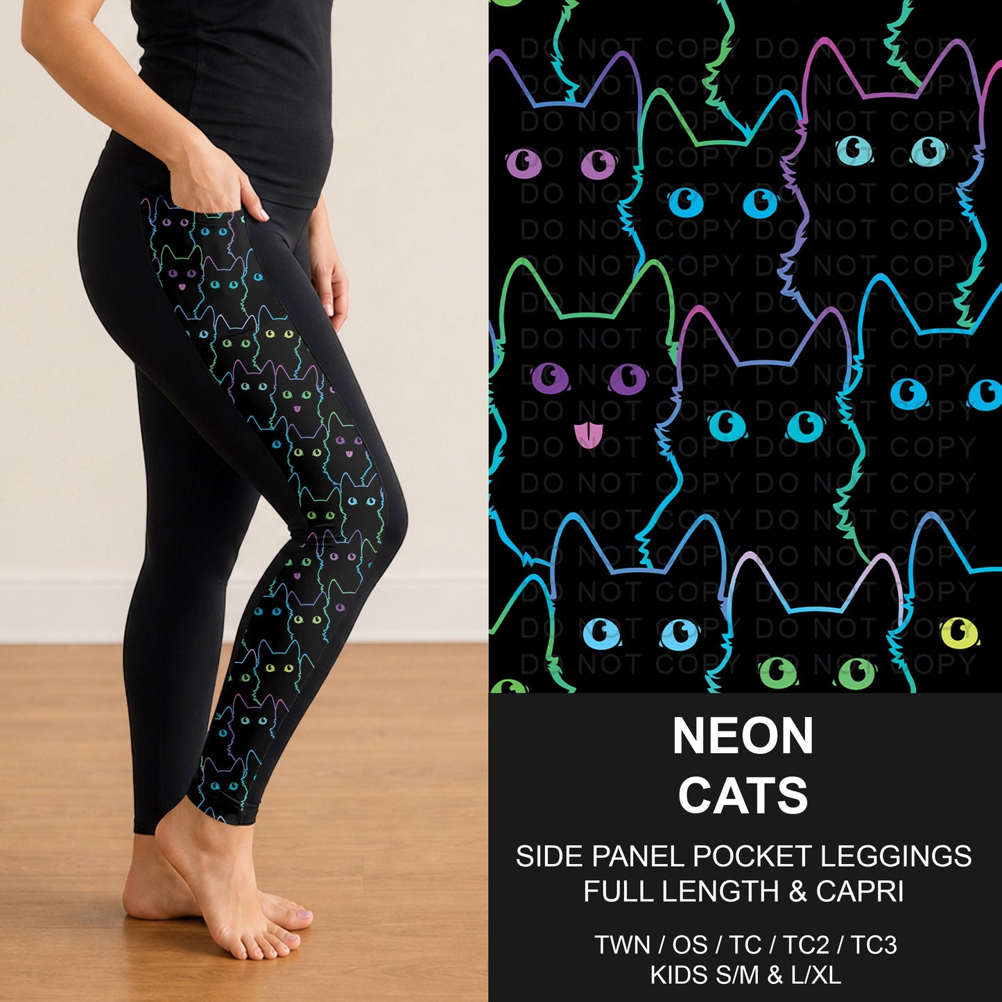 B297 - Preorder Neon Cats Side Panel Pocket Leggings (Closes 6/28. ETA: early Sept.)